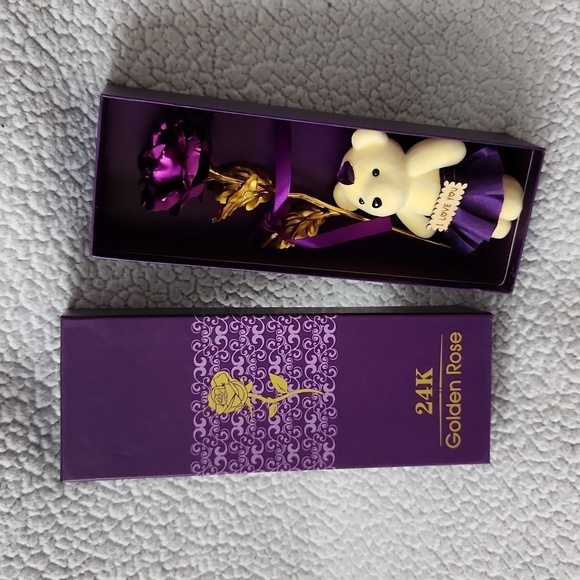 Vintage 90's 24K purple long stem rose, and I love You tiny teddy bear Romantic - Picture 1 of 12